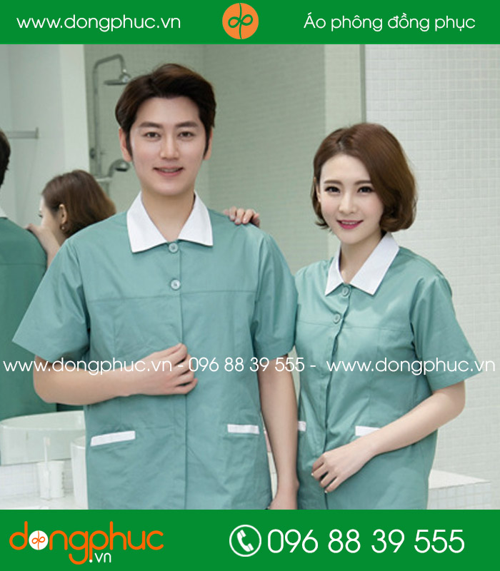 Đồng phục vệ sinh màu xanh đậm cổ trắng